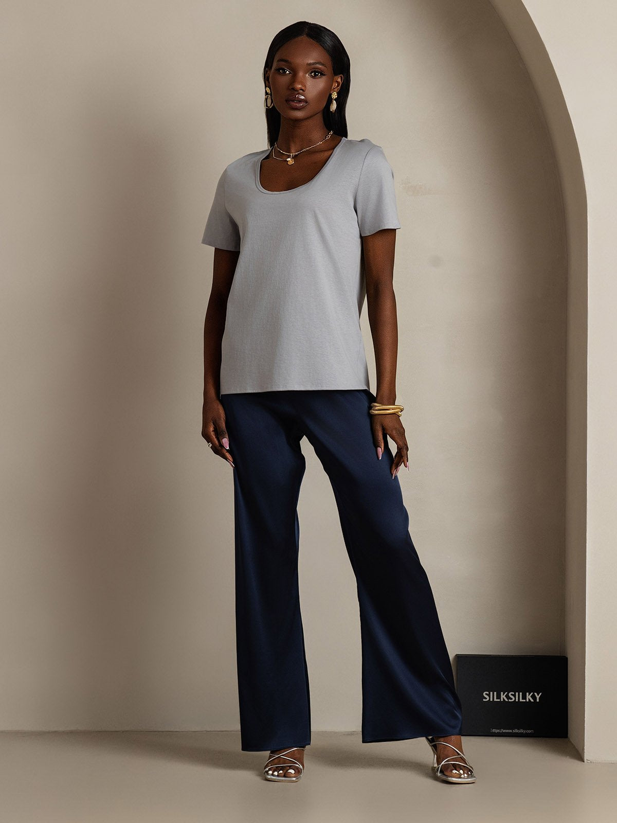 [Gray] SilkSilky-AU Silk Short Sleeve U Neck Women's T-Shirt 006