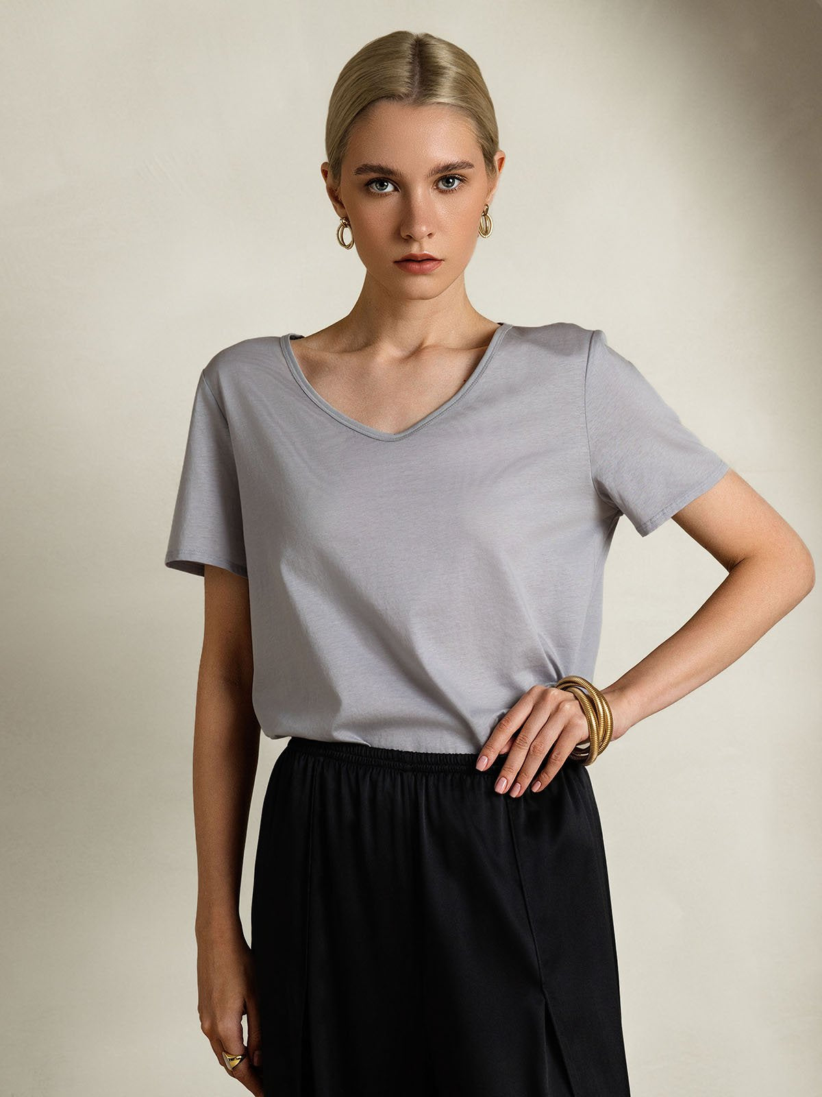 [Gray] SilkSilky-AU Silk Short Sleeve V Neck Women's T-Shirt 005