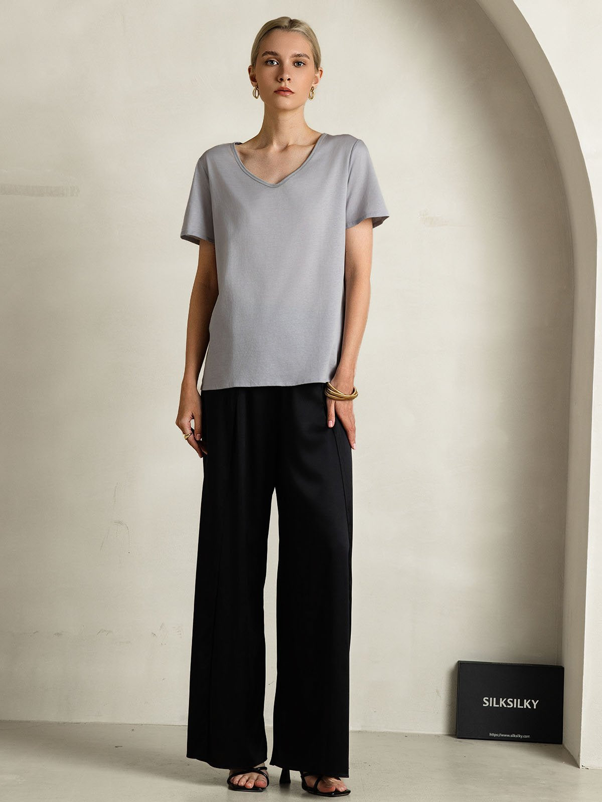 [Gray] SilkSilky-AU Silk Short Sleeve V Neck Women's T-Shirt 006
