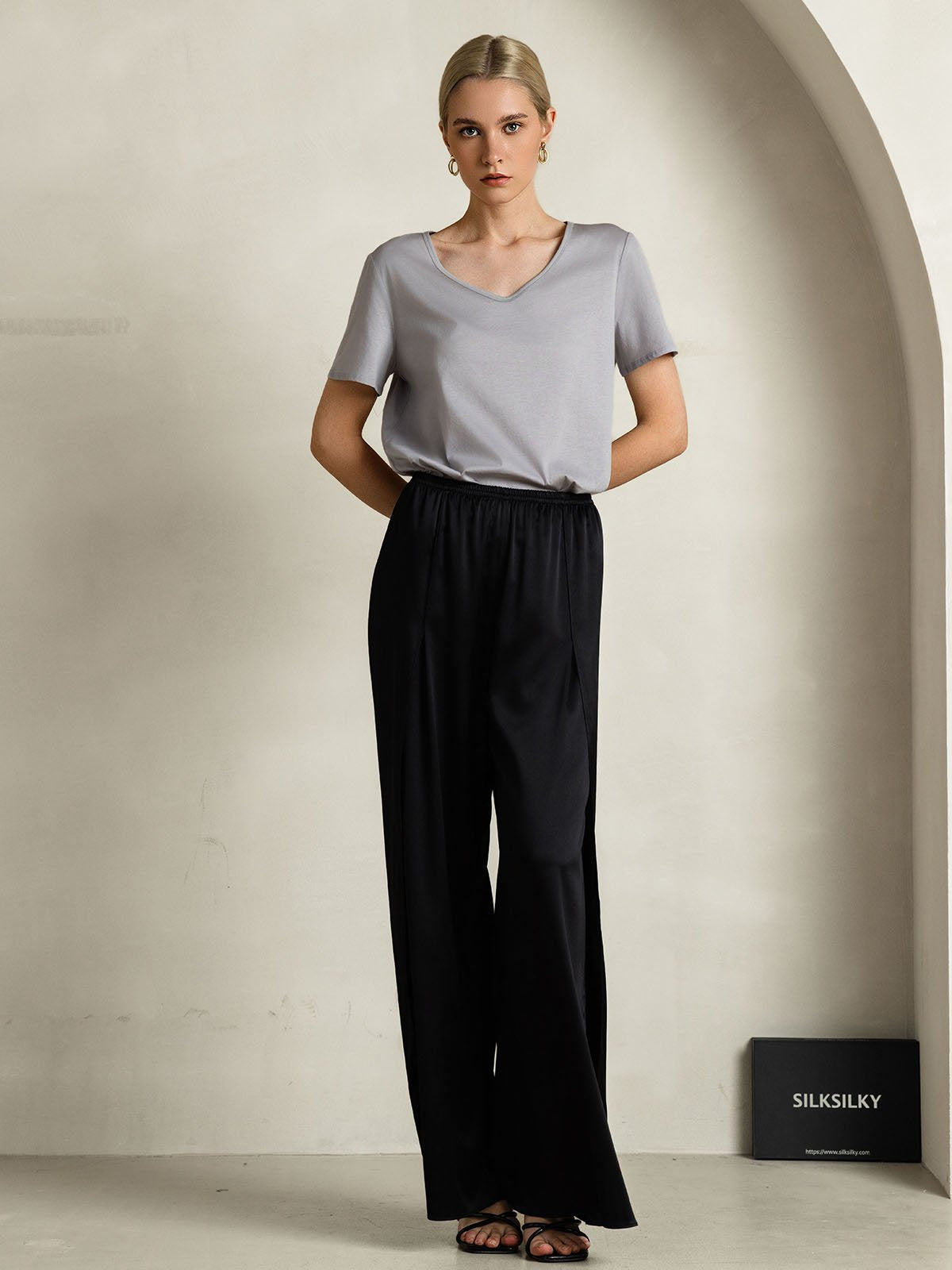 [Gray] SilkSilky-AU Silk Short Sleeve V Neck Women's T-Shirt 007