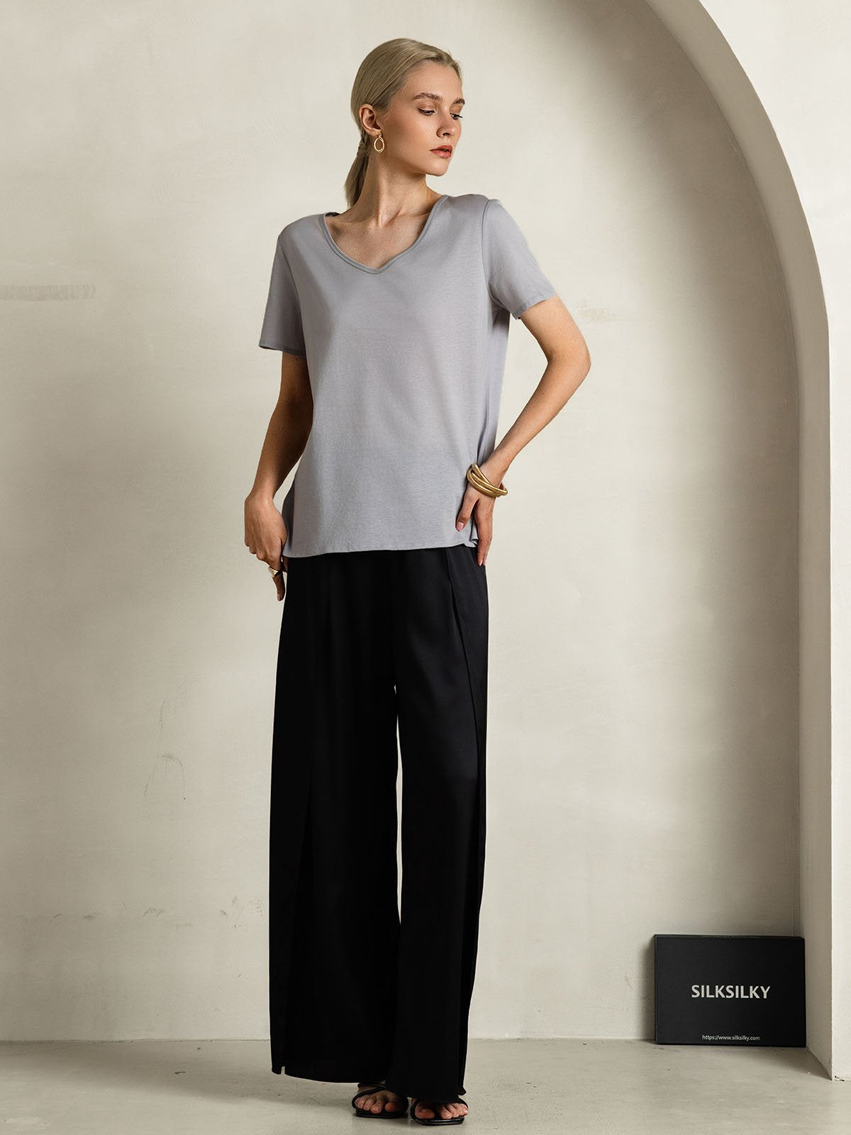 [Gray] SilkSilky-AU Silk Short Sleeve V Neck Women's T-Shirt 008