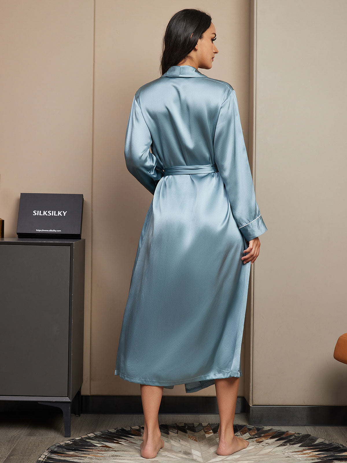 [Grayish Blue] SilkSilky-AU 19Momme Pure Silk Long Sleeve Womens Robe 002