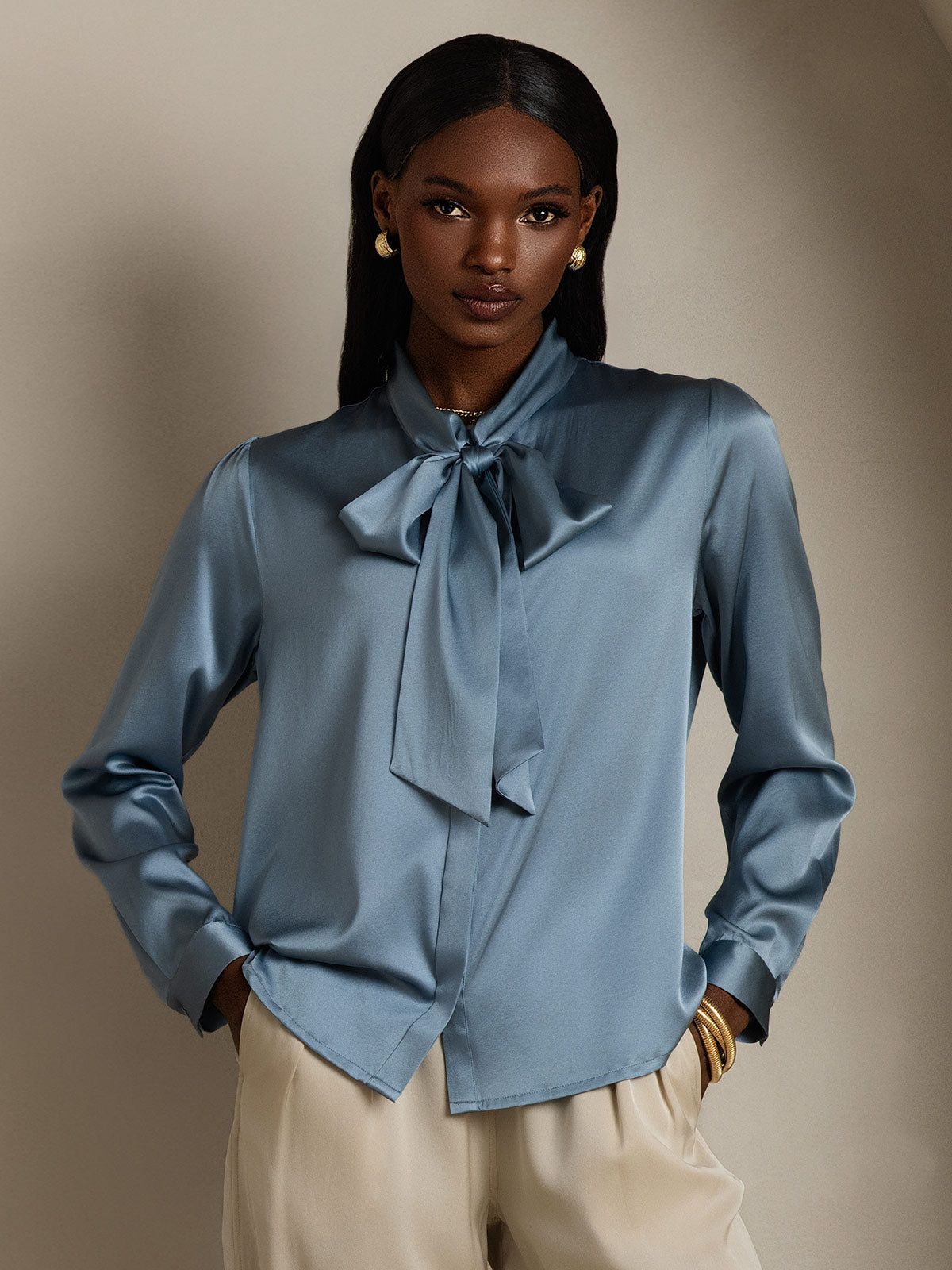 [Grayish Blue] SilkSilky-AU 19Momme Silk Long Sleeve Tie Neck Women's Shirt 001