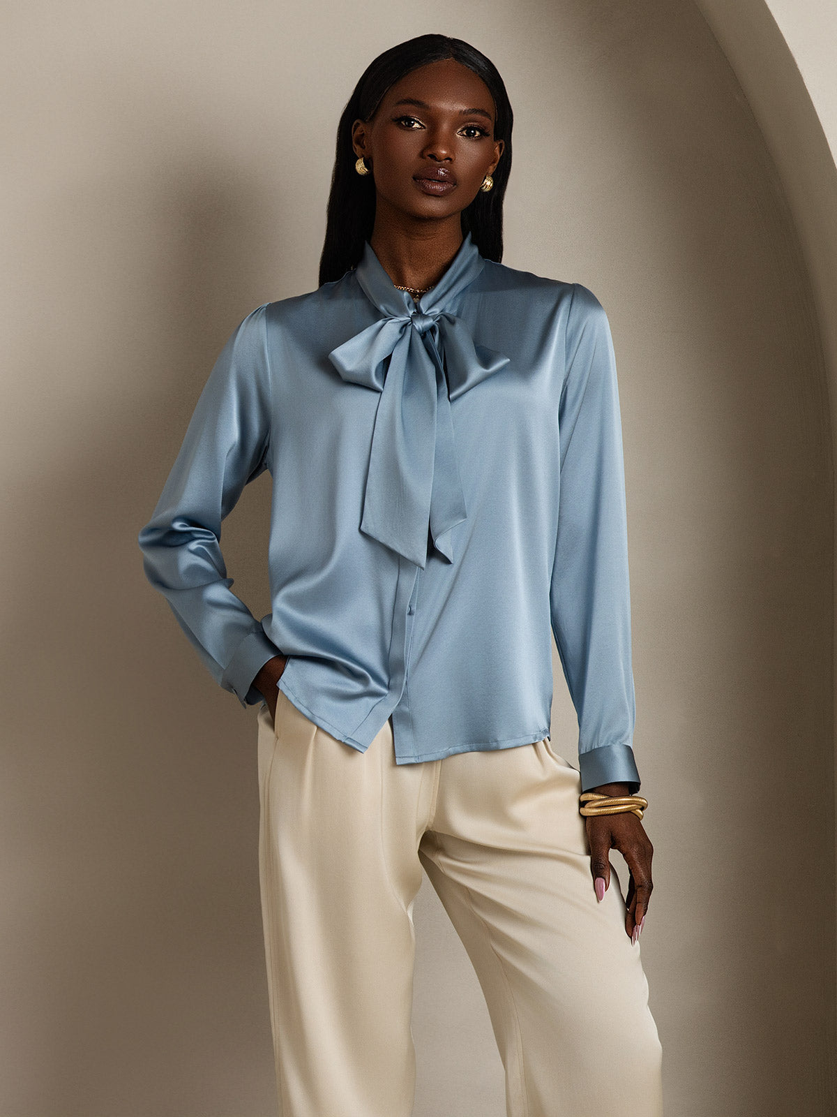 [Grayish Blue] SilkSilky-AU 19Momme Silk Long Sleeve Tie Neck Women's Shirt 005