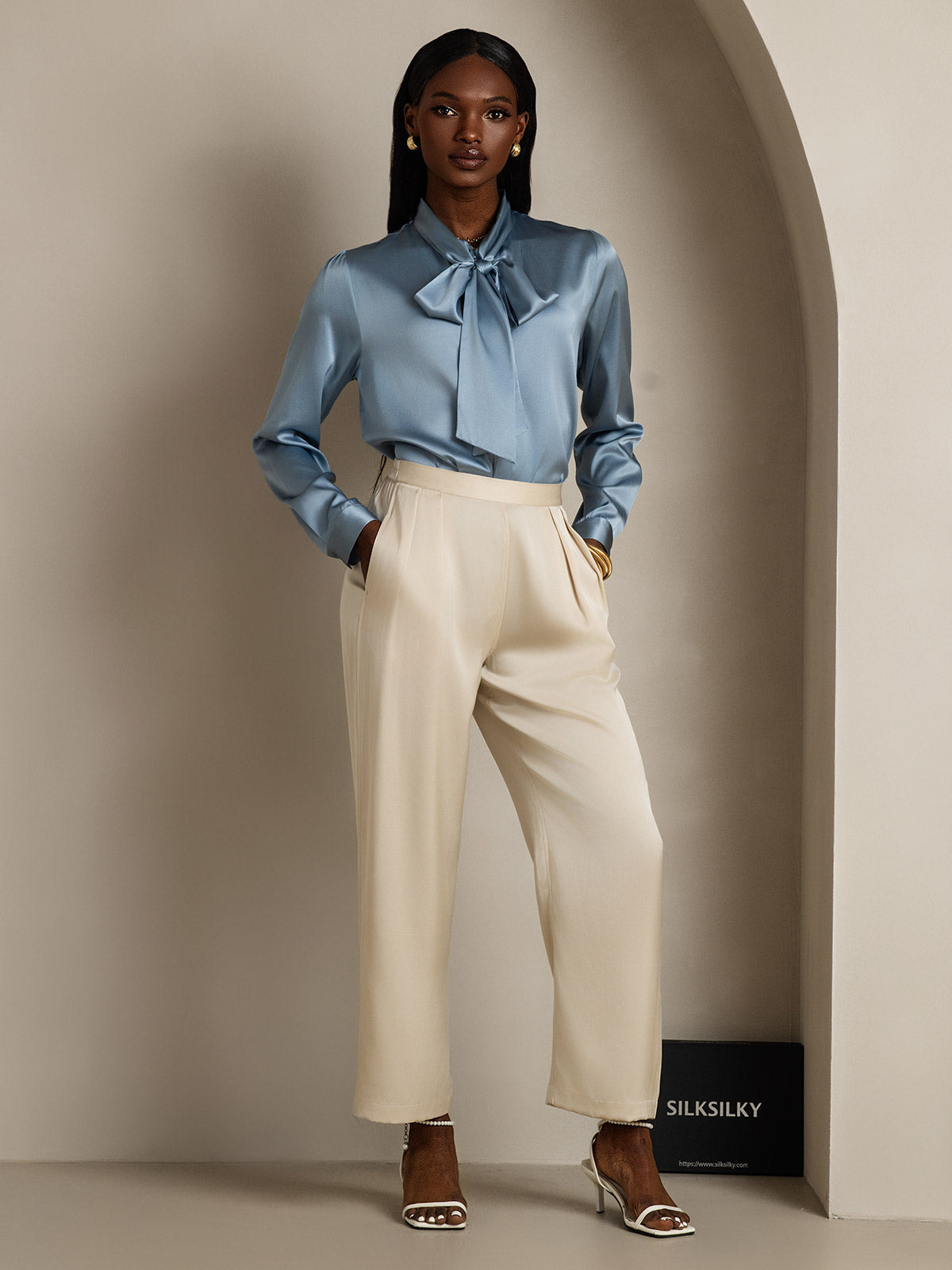 [Grayish Blue] SilkSilky-AU 19Momme Silk Long Sleeve Tie Neck Women's Shirt 007