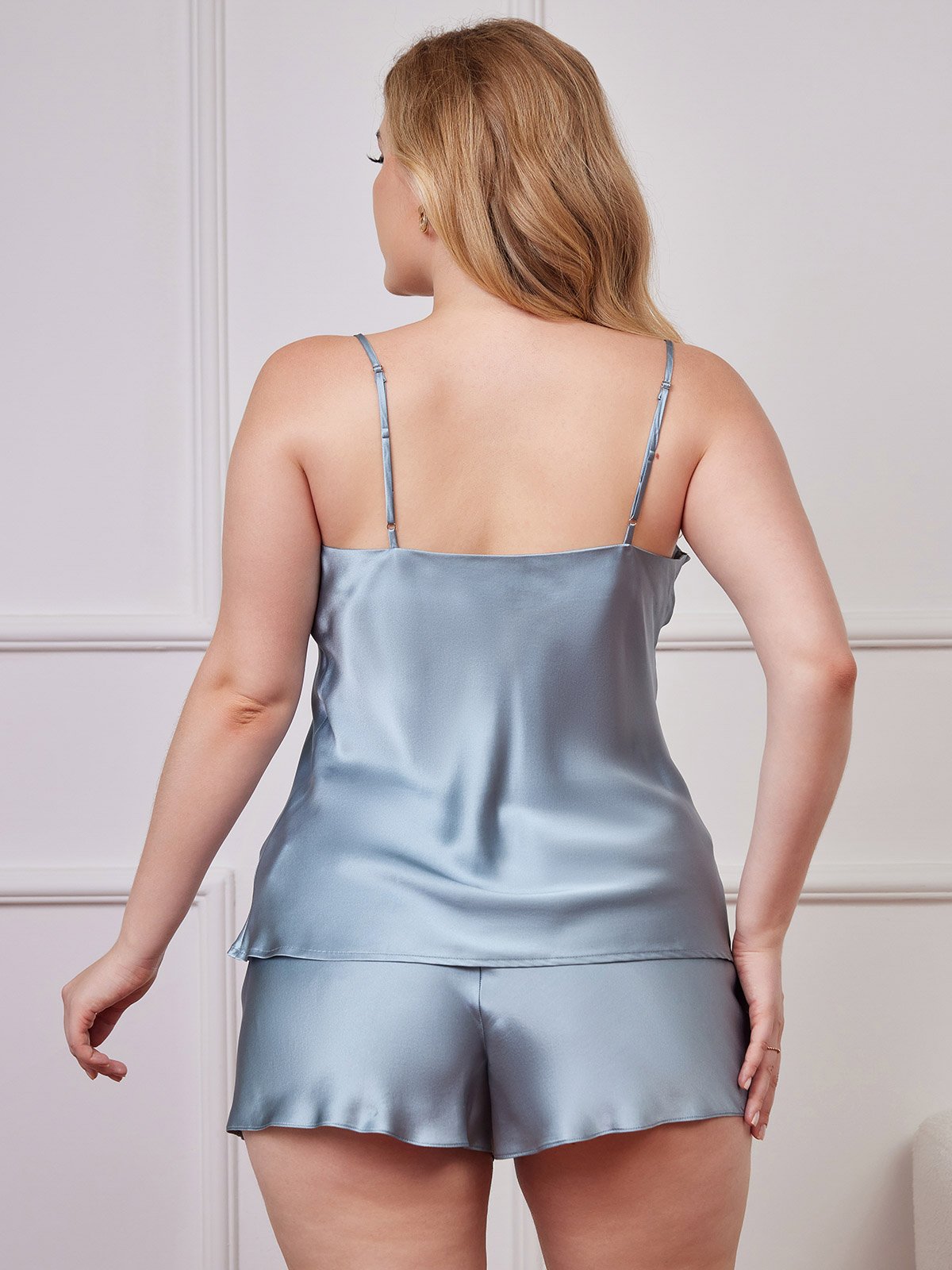 [Grayish Blue] SilkSilky-AU Pure Silk Deep V Neck Plus Size Camisole Set 002