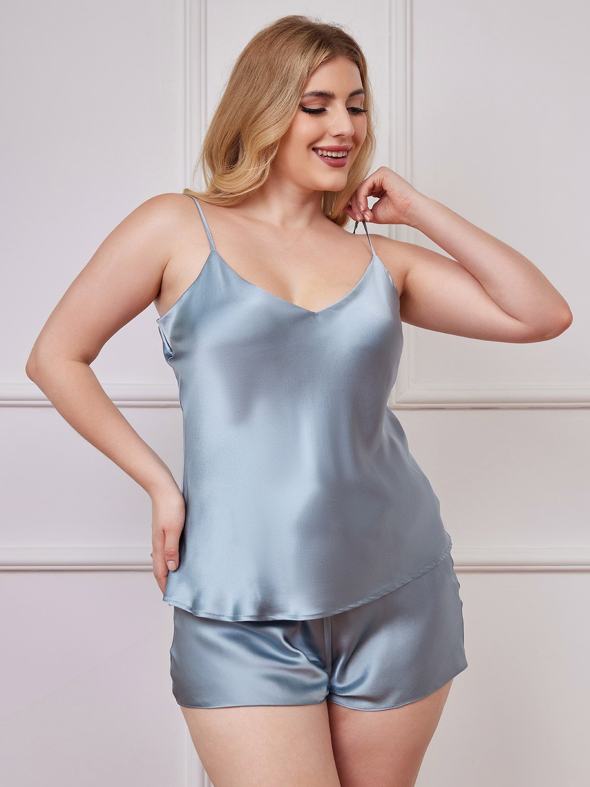[Grayish Blue] SilkSilky-AU Pure Silk Deep V Neck Plus Size Camisole Set 005