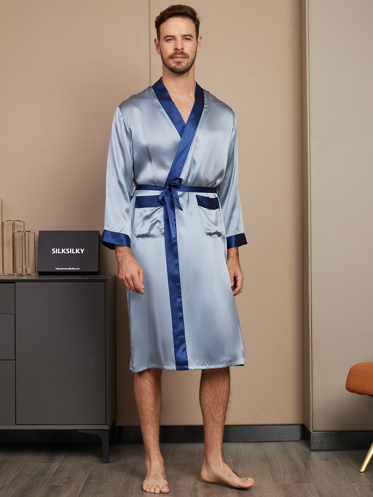 [Grayish Blue] SilkSilky-AU Pure Silk Long Sleeve Mens Robe 001