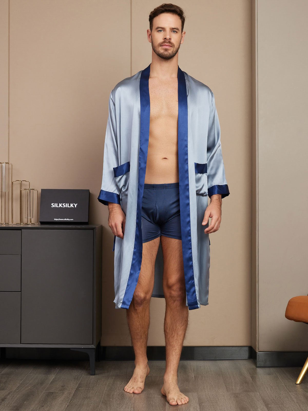 [Grayish Blue] SilkSilky-AU Pure Silk Long Sleeve Mens Robe 003