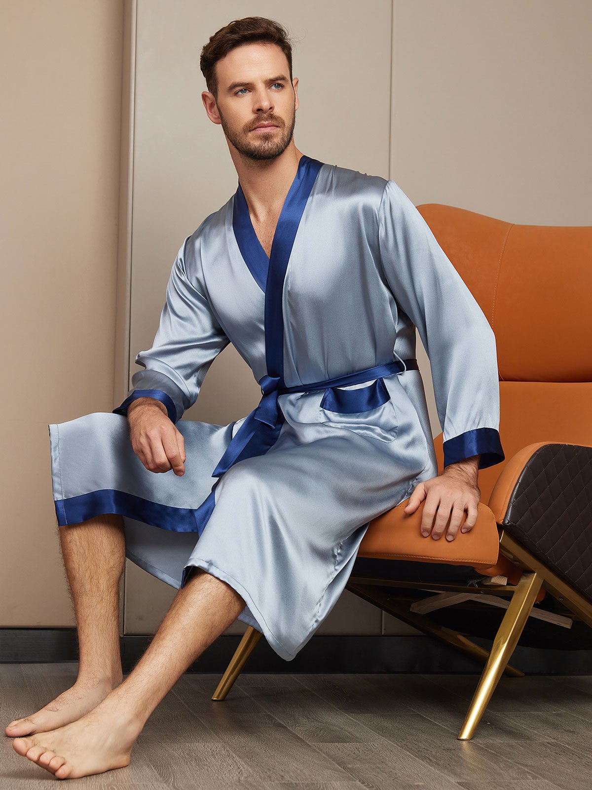 [Grayish Blue] SilkSilky-AU Pure Silk Long Sleeve Mens Robe 004