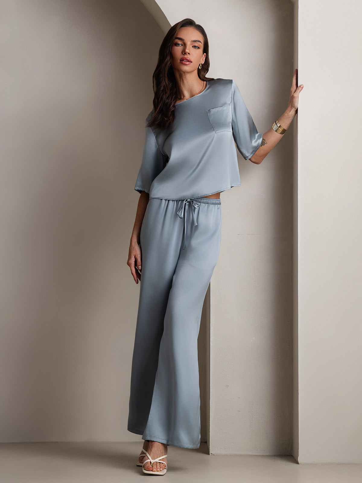 [Grayish Blue] SilkSilky-AU Pure Silk Round Neck Women's Pyjamas 001