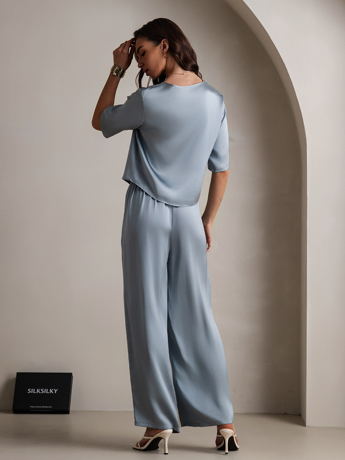 [Grayish Blue] SilkSilky-AU Pure Silk Round Neck Women's Pyjamas 002