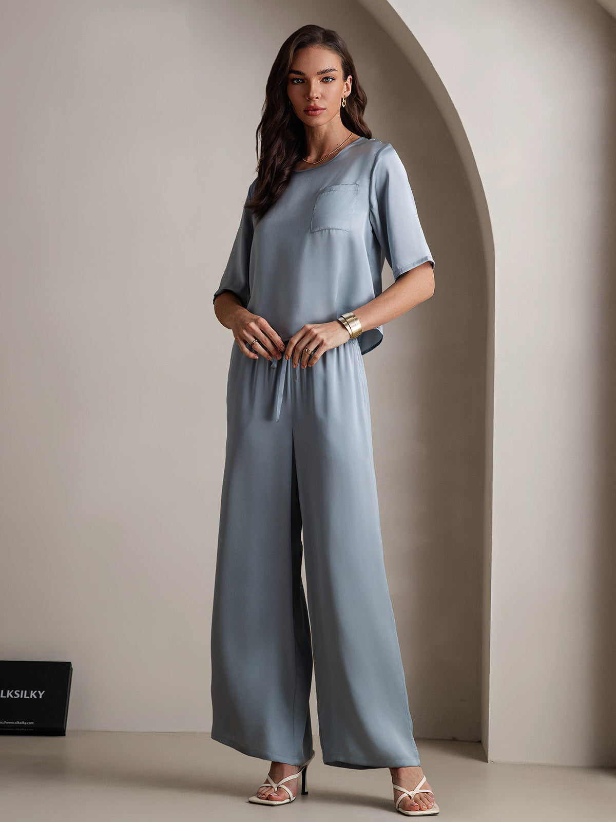 [Grayish Blue] SilkSilky-AU Pure Silk Round Neck Women's Pyjamas 004