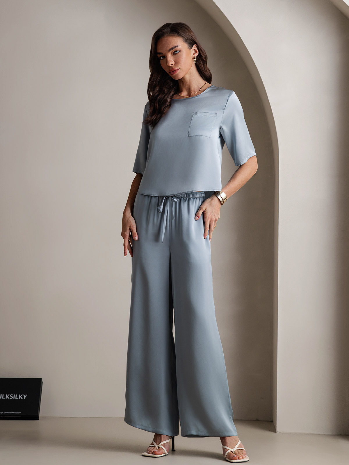 [Grayish Blue] SilkSilky-AU Pure Silk Round Neck Women's Pyjamas 005