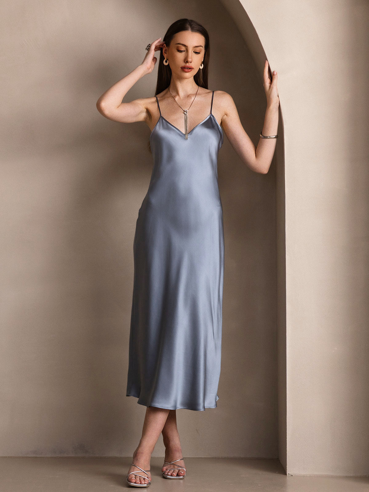 [Grayish Blue] SilkSilky-AU Pure Silk Sleeveless Round Neck Dress 006