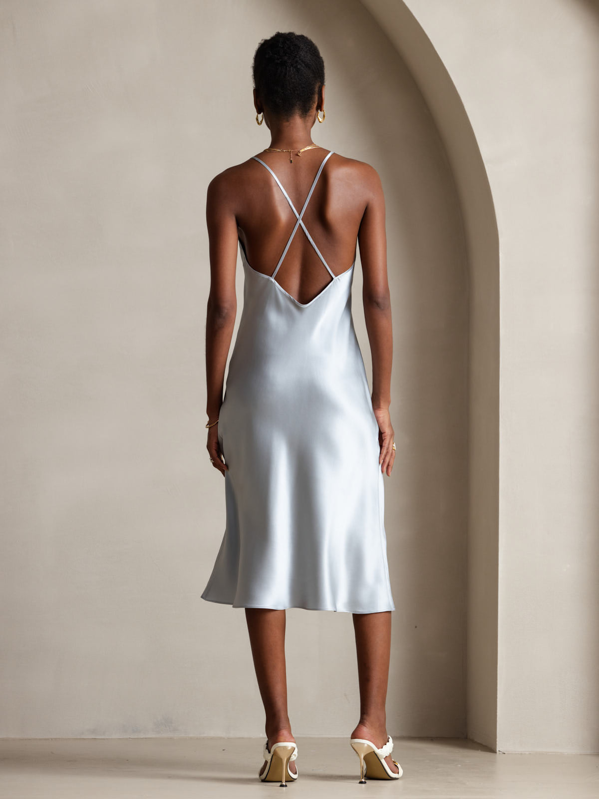 [Grayish Blue] SilkSilky-AU Pure Silk Sleeveless V Neck Dress 002