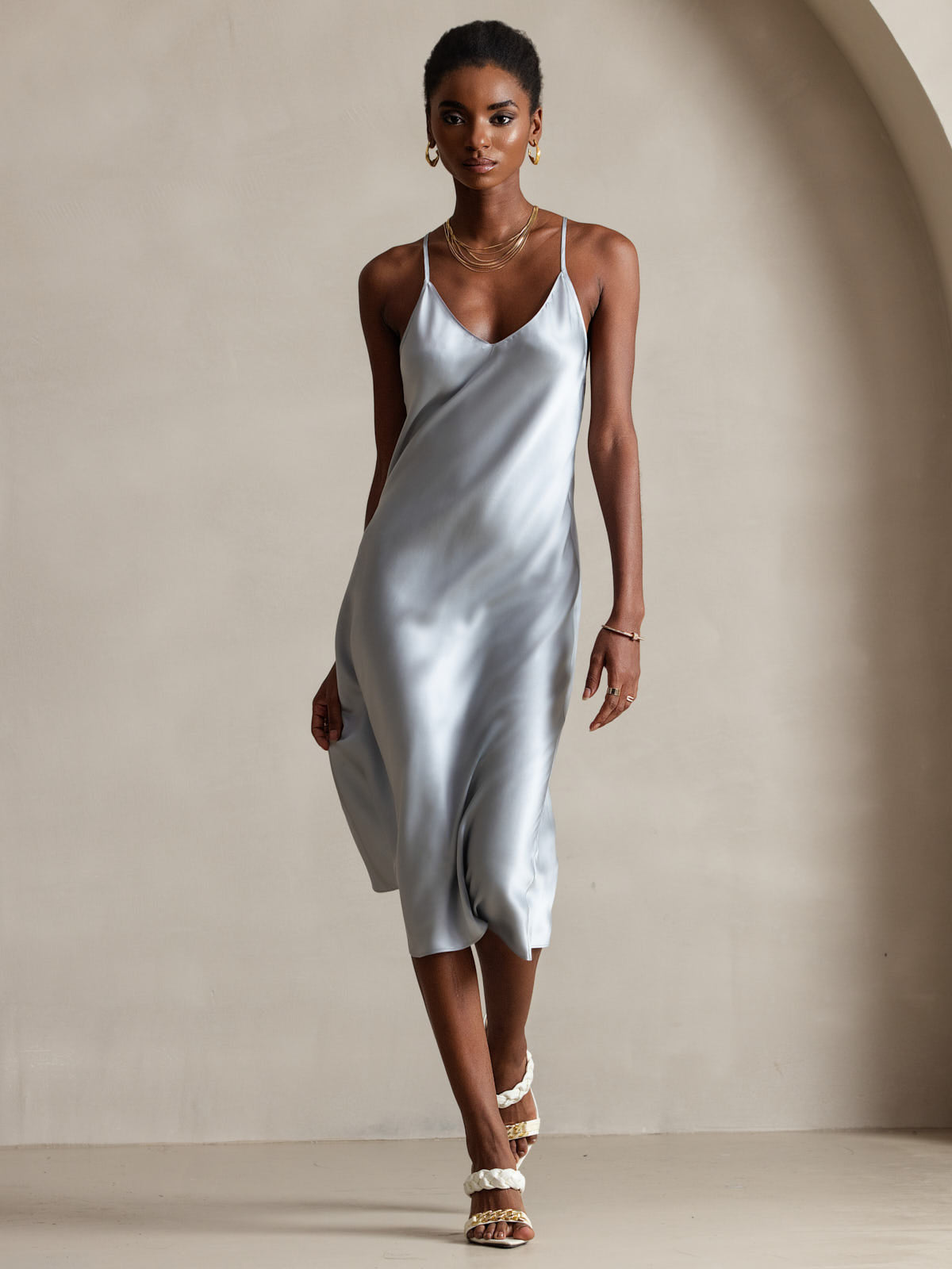[Grayish Blue] SilkSilky-AU Pure Silk Sleeveless V Neck Dress 004