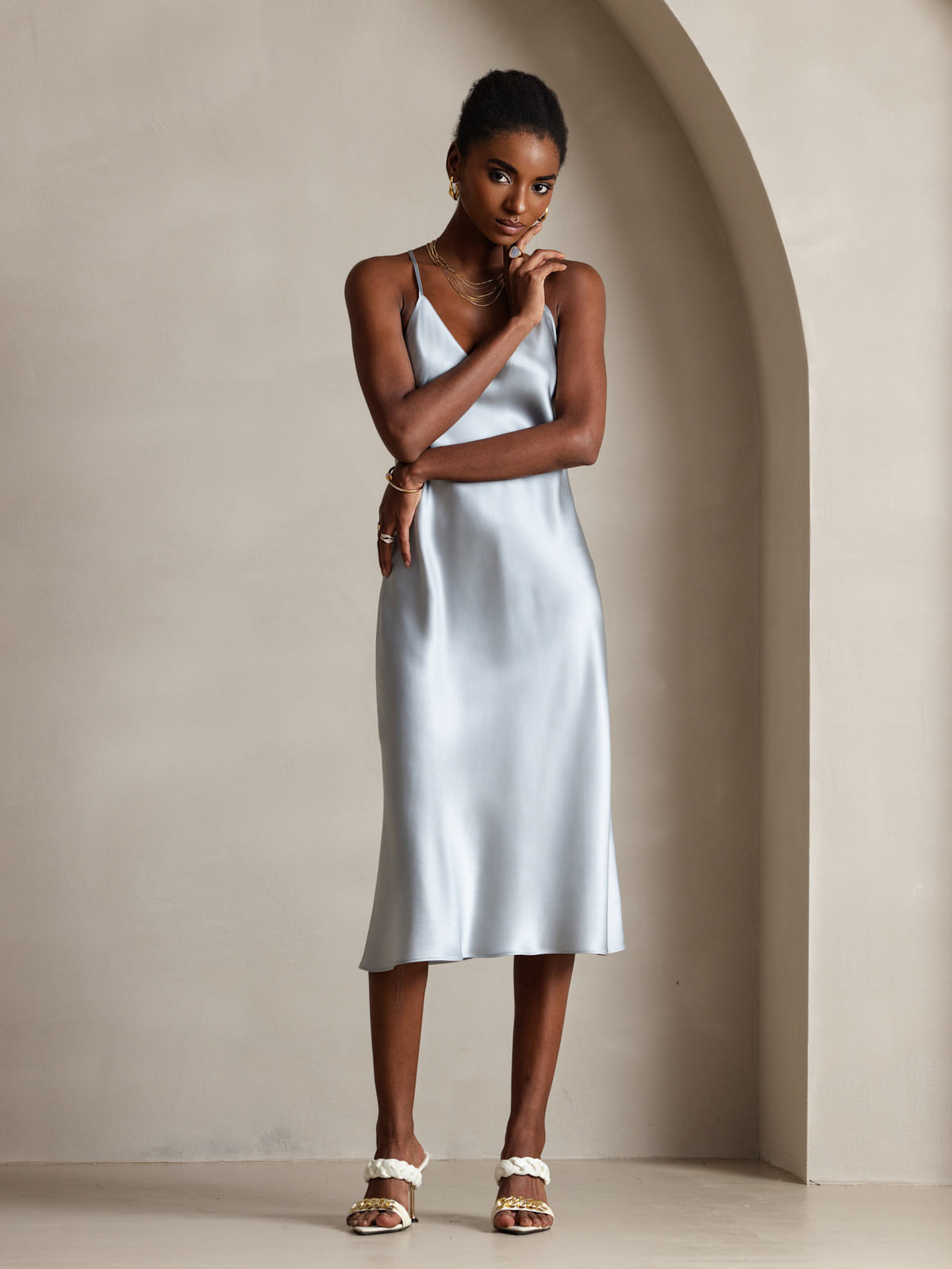 [Grayish Blue] SilkSilky-AU Pure Silk Sleeveless V Neck Dress 006