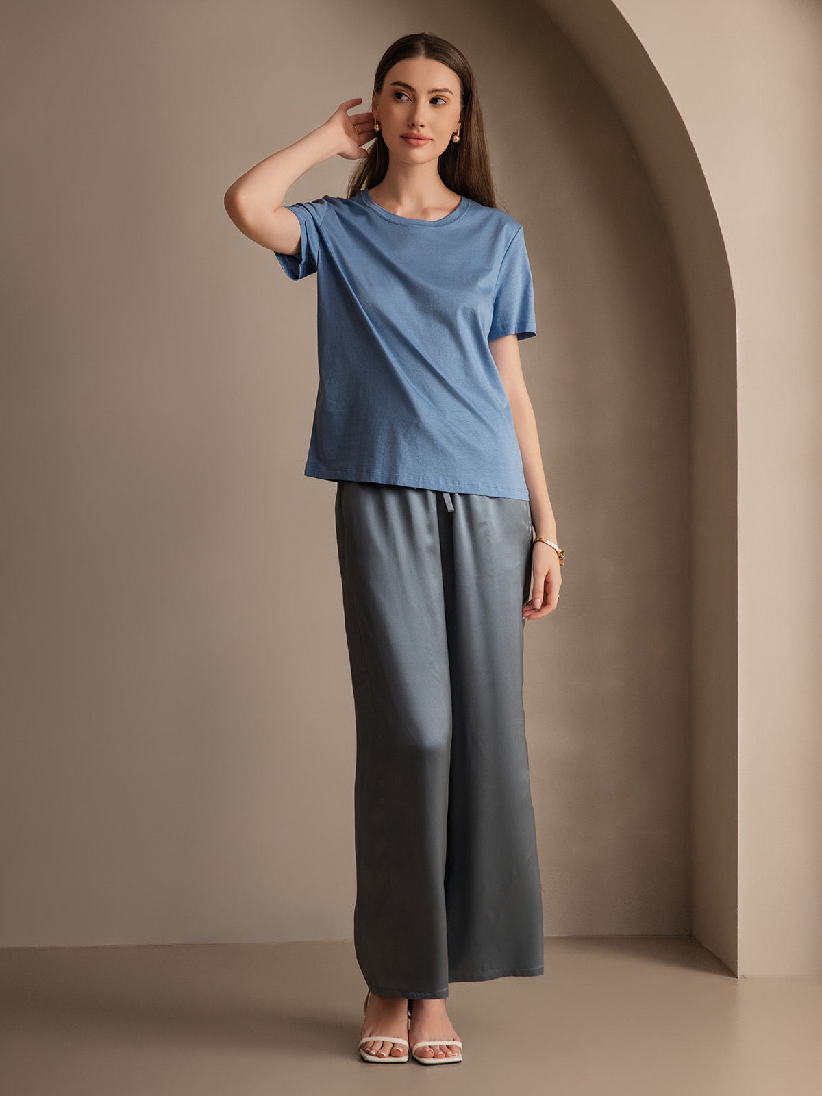 [Grayish Blue] SilkSilky-AU Pure Silk Womens Pants 001