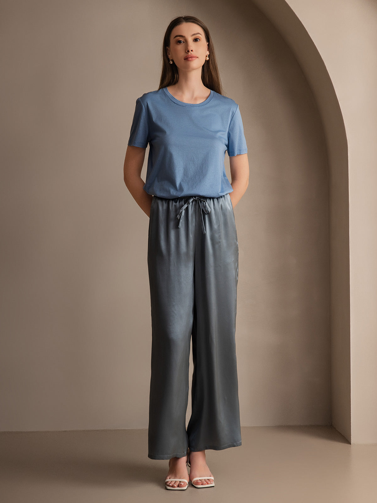 [Grayish Blue] SilkSilky-AU Pure Silk Womens Pants 006