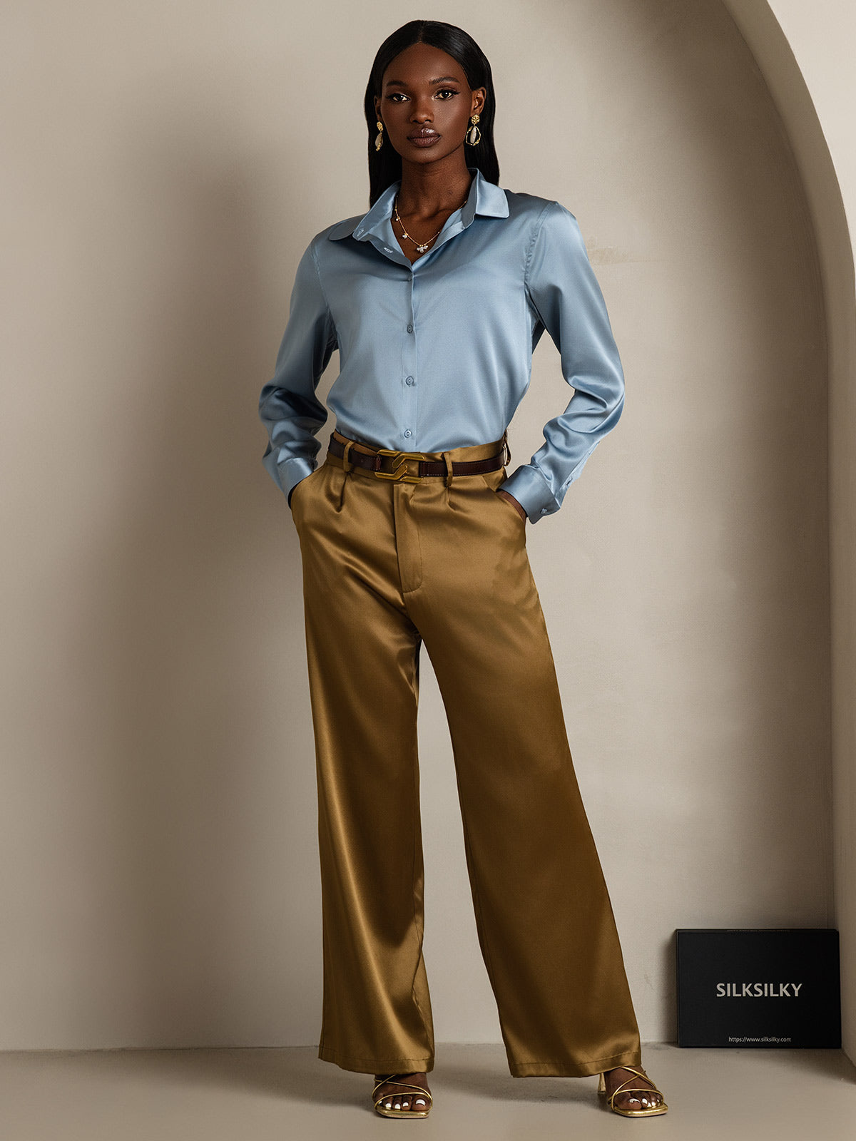 [Grayish Blue] SilkSilky-AU Silk Long Sleeve Collar Women's Shirt 005