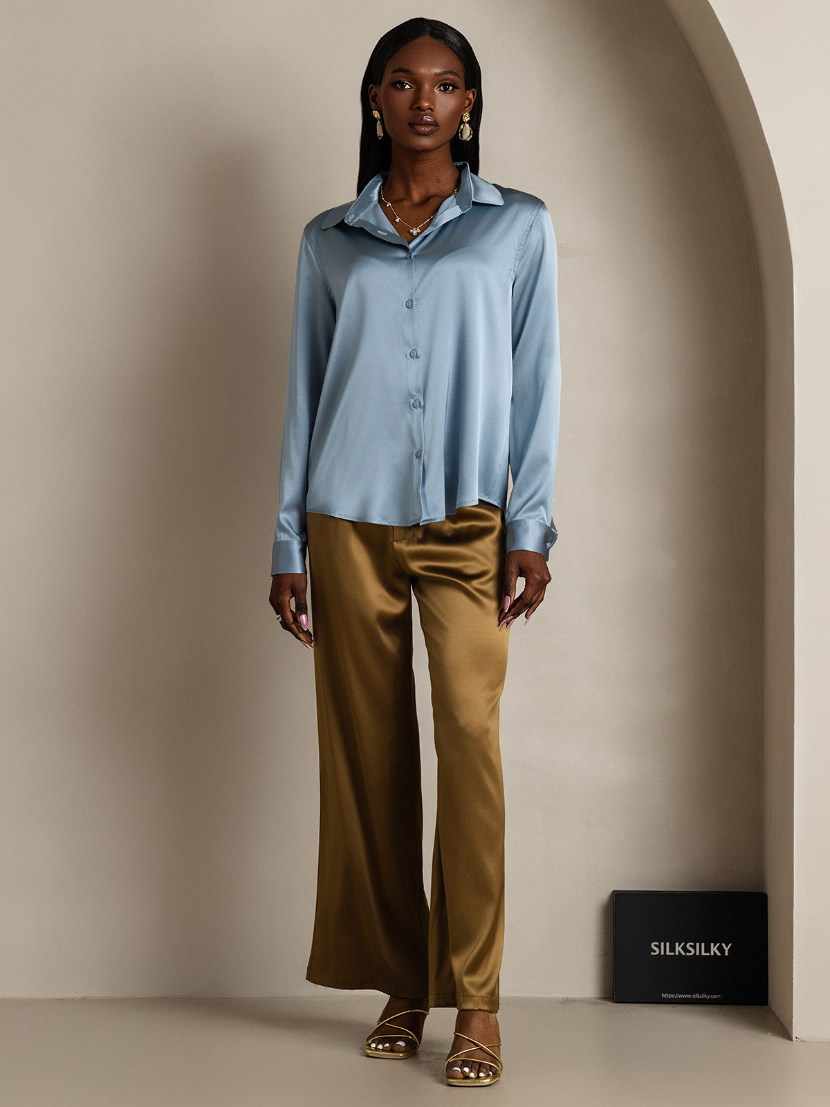 [Grayish Blue] SilkSilky-AU Silk Long Sleeve Collar Women's Shirt 006