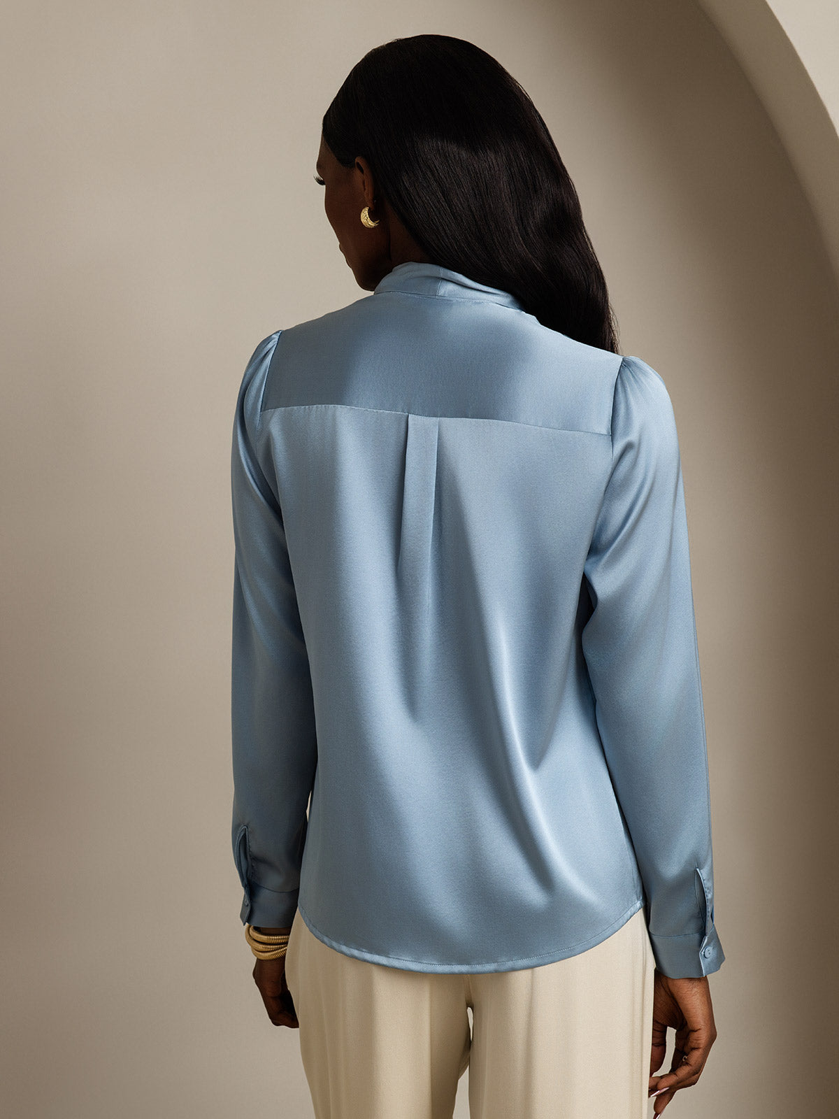 [Grayish Blue] SilkSilky-AU 19Momme Stretch Silk Charmeuse Long Sleeve Tie Neck Blouse 002