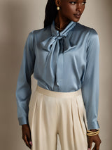 [Grayish Blue] SilkSilky-AU 19Momme Stretch Silk Charmeuse Long Sleeve Tie Neck Blouse 003