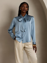 [Grayish Blue] SilkSilky-AU 19Momme Stretch Silk Charmeuse Long Sleeve Tie Neck Blouse 005
