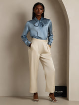 [Grayish Blue] SilkSilky-AU 19Momme Stretch Silk Charmeuse Long Sleeve Tie Neck Blouse 007