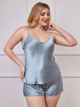 [Grayish Blue] SilkSilky-AU Spaghetti Strap V Neck Plus Size Camisole Set 005