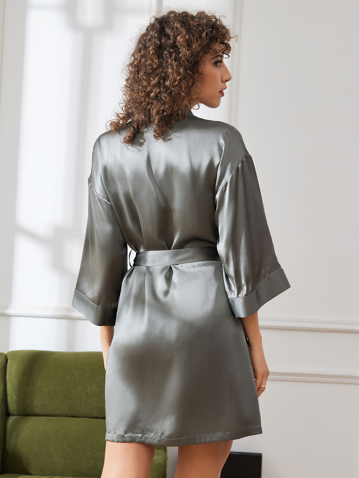 [Grayish Green] SilkSilky-AU Pure Silk Half Sleeve Womens Robe 002