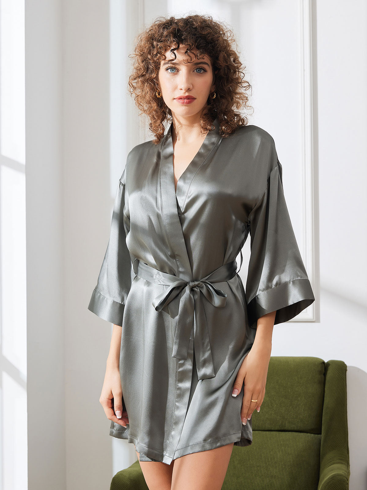 [Grayish Green] SilkSilky-AU Pure Silk Half Sleeve Womens Robe 004