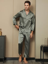 [Grayish Green] SilkSilky-AU Pure Silk Long Sleeve Lapel Men's Pyjamas 001