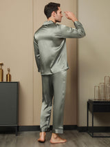 [Grayish Green] SilkSilky-AU Pure Silk Long Sleeve Lapel Men's Pyjamas 002