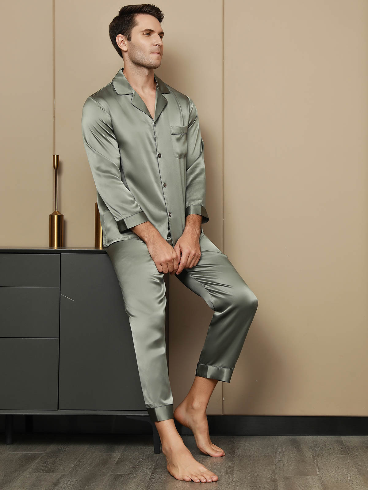 [Grayish Green] SilkSilky-AU Pure Silk Long Sleeve Lapel Men's Pyjamas 003
