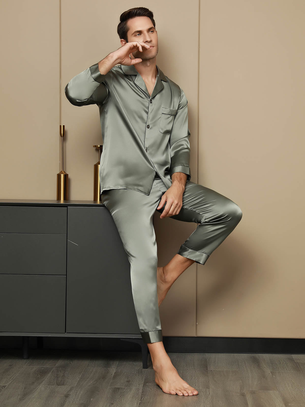 [Grayish Green] SilkSilky-AU Pure Silk Long Sleeve Lapel Men's Pyjamas 004