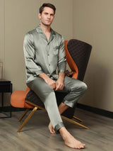 [Grayish Green] SilkSilky-AU Pure Silk Long Sleeve Lapel Men's Pyjamas 006