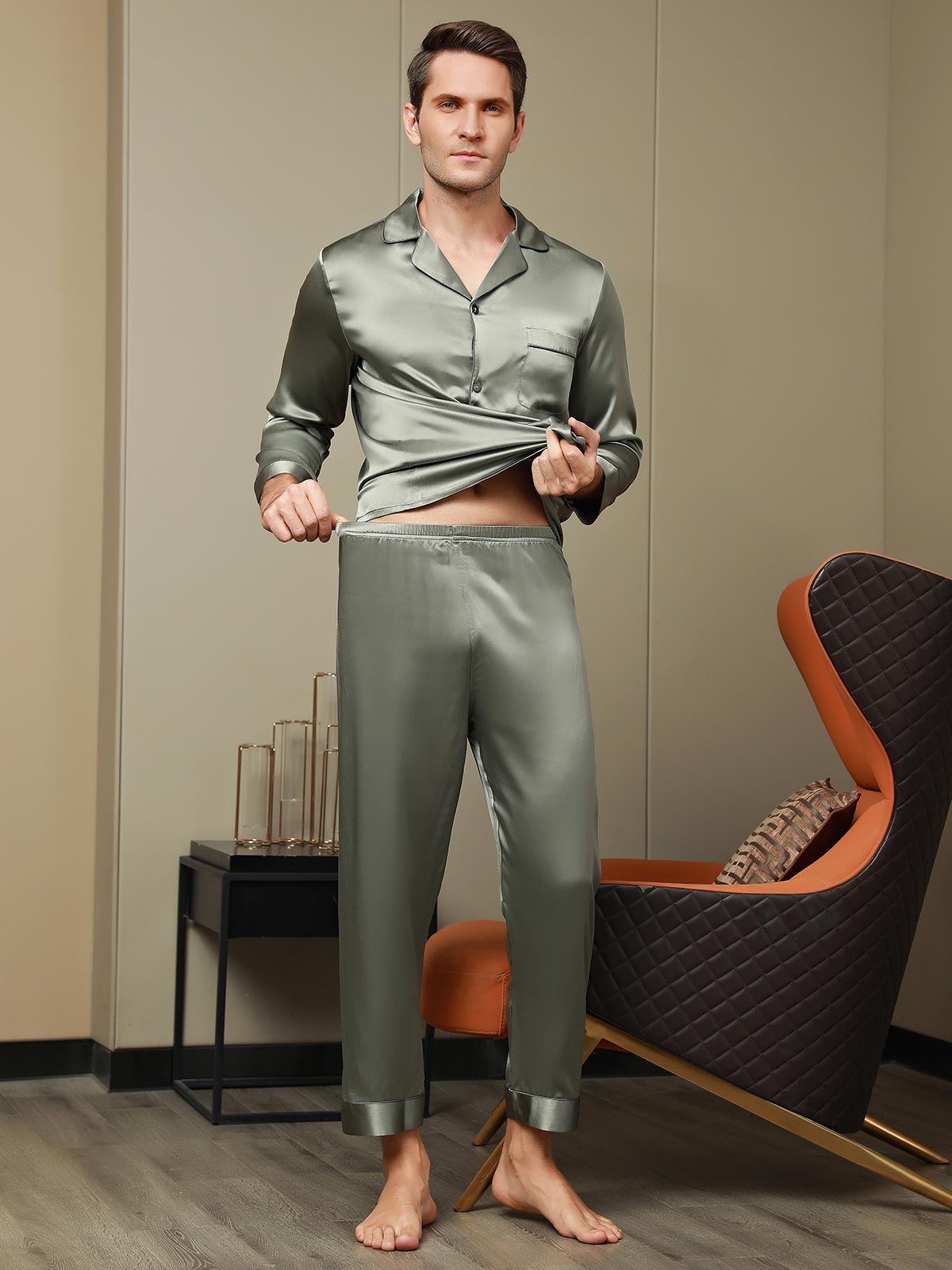 [Grayish Green] SilkSilky-AU Pure Silk Long Sleeve Lapel Men's Pyjamas 007