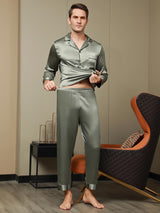 [Grayish Green] SilkSilky-AU Pure Silk Long Sleeve Lapel Men's Pyjamas 007