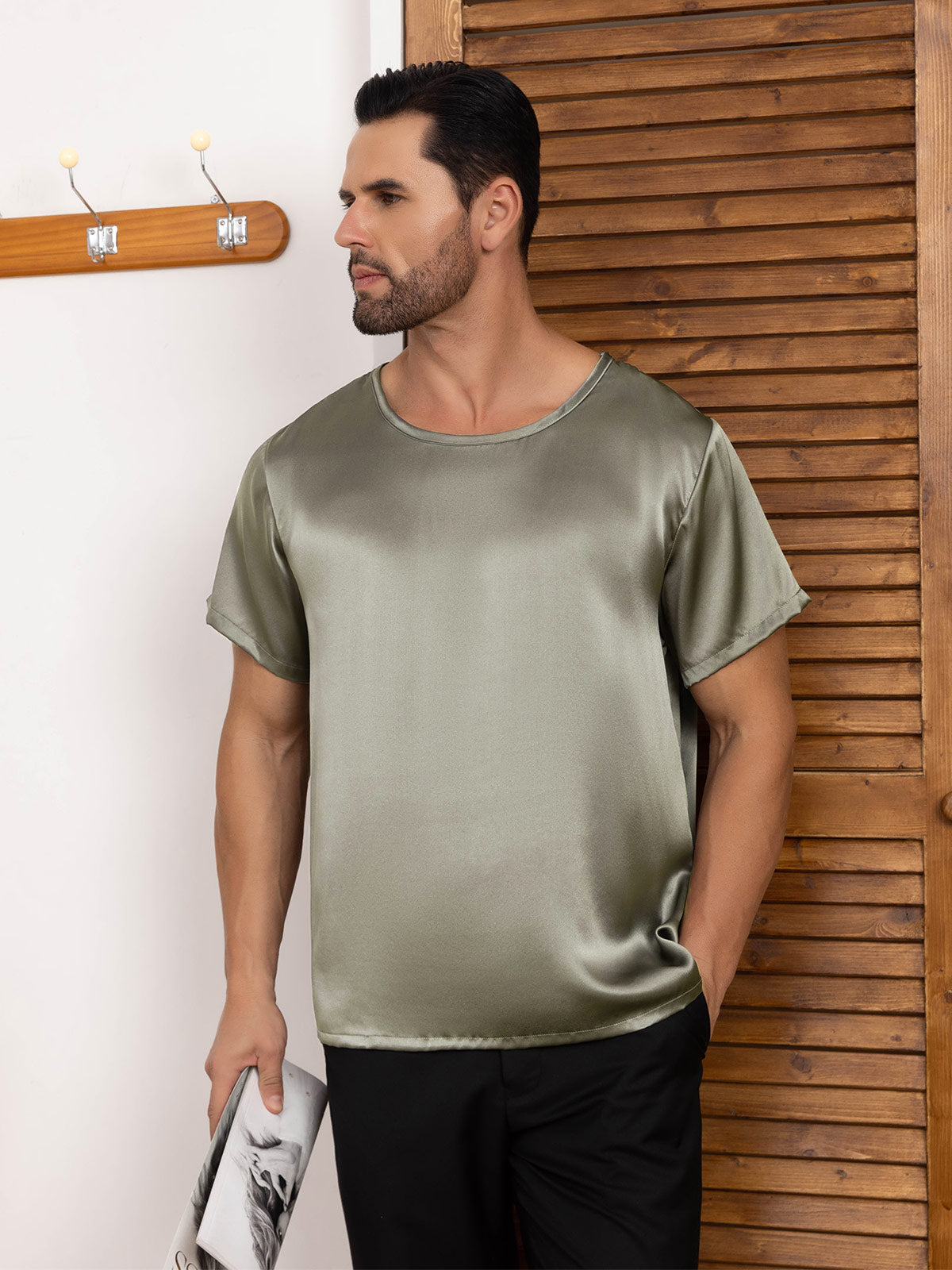 [Grayish Green] SilkSilky-AU Pure Silk Short Sleeve Round Neck Men's T-Shirt 001