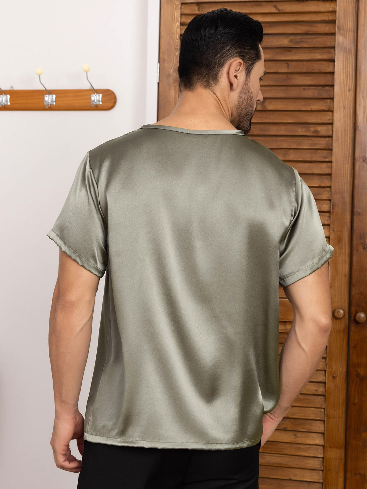 [Grayish Green] SilkSilky-AU Pure Silk Short Sleeve Round Neck Men's T-Shirt 002
