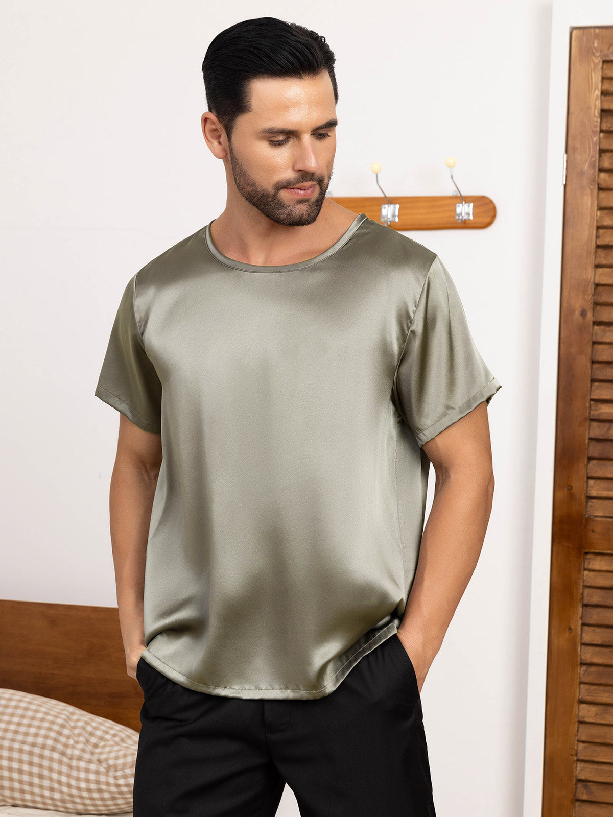 [Grayish Green] SilkSilky-AU Pure Silk Short Sleeve Round Neck Men's T-Shirt 004