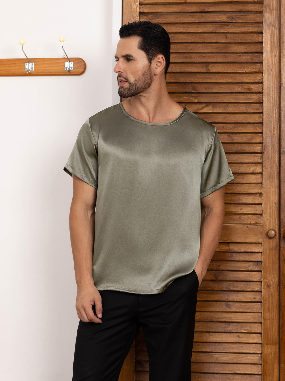 [Grayish Green] SilkSilky-AU Pure Silk Short Sleeve Round Neck Men's T-Shirt 006