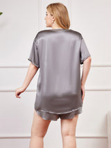 [Grayish Green] SilkSilky-AU Pure Silk Short Sleeve Round Neck Plus Size Pyjamas 002