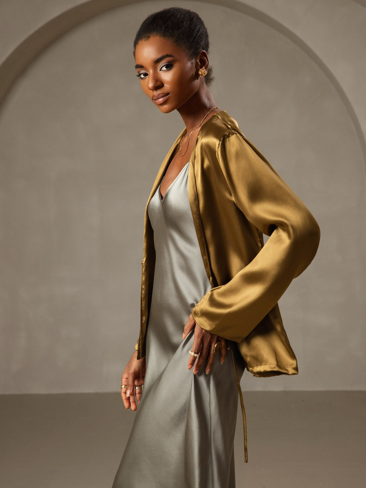 [Grayish Green] SilkSilky-AU Pure Silk Sleeveless Round Neck Dress 006