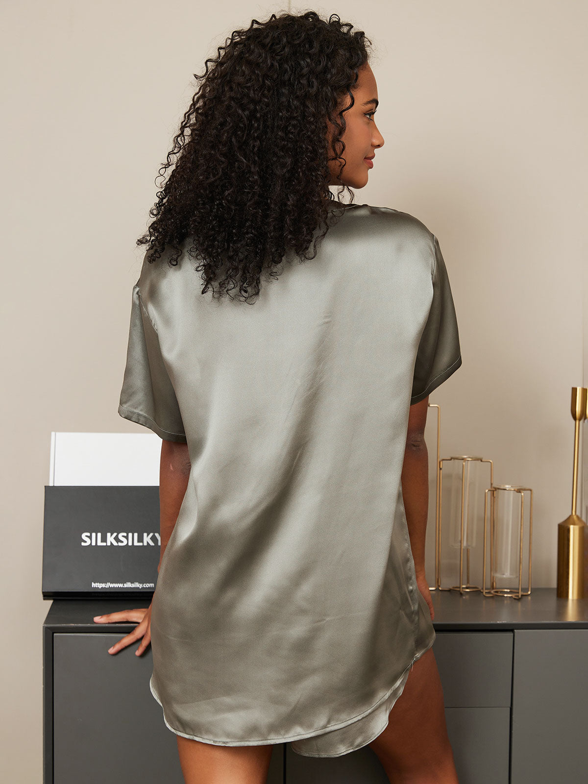 [Grayish Green] SilkSilky-AU Short Sleeve Round Neck Women's Pyjamas 002