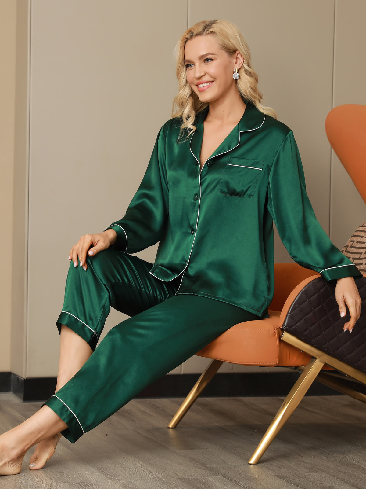 [Green] SilkSilky-AU Pure Silk Long Sleeve Lapel Women's Pyjamas 005