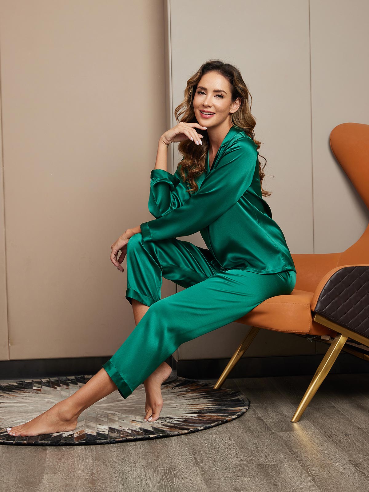 [Green] SilkSilky-AU Pure Silk Long Sleeve Lapel Women's Pyjamas 005