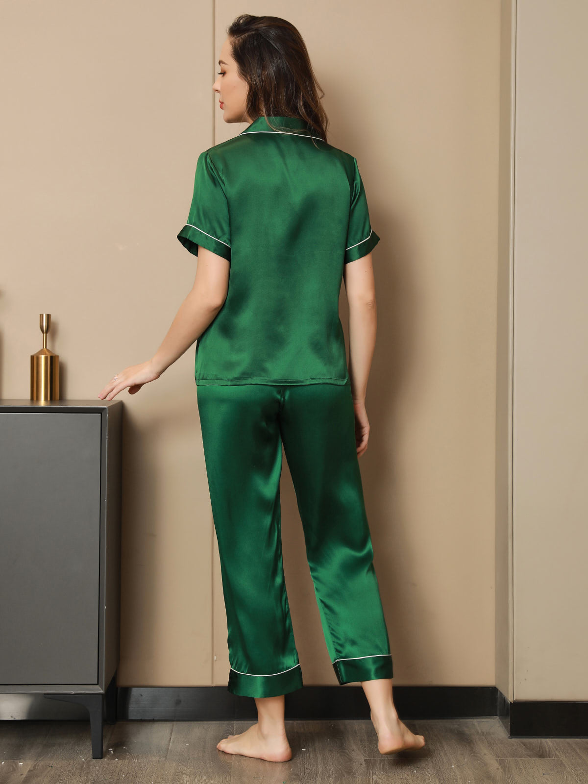 [Green] SilkSilky-AU Pure Silk Short Sleeve Lapel Women's Pyjamas 002
